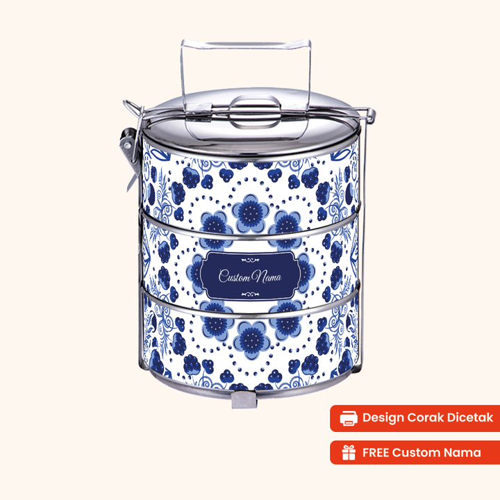 12cm 3-Tier Batik Porcelain Blue Tiffin Carrier — Design Cetakan Terus (Not Sticker) + Custom Nama Percuma