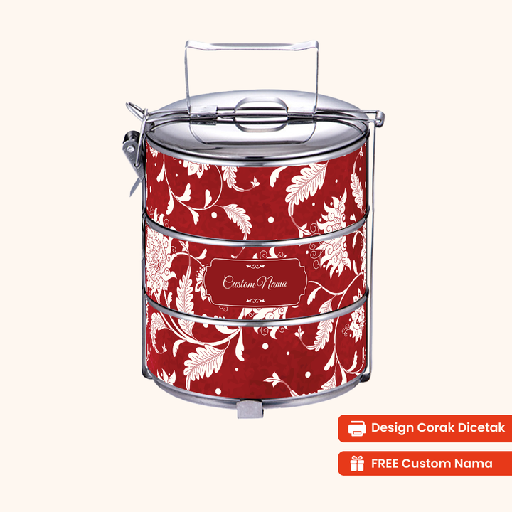 14cm 3-Tier Batik Porcelain Red Tiffin Carrier — Design Cetakan Terus (Not Sticker) + Custom Nama Percuma