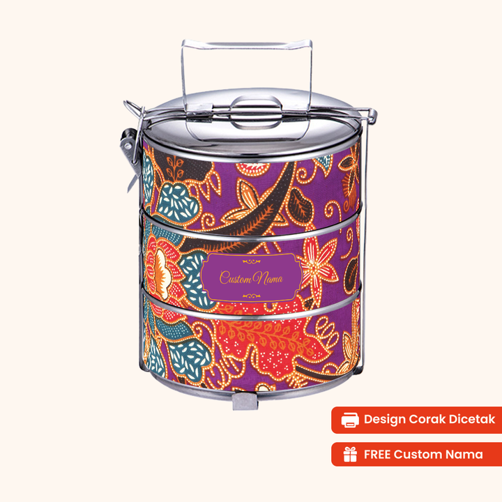 14cm 3-Tier Batik Purple Tiffin Carrier — Design Cetakan Terus (Not Sticker) + Custom Nama Percuma