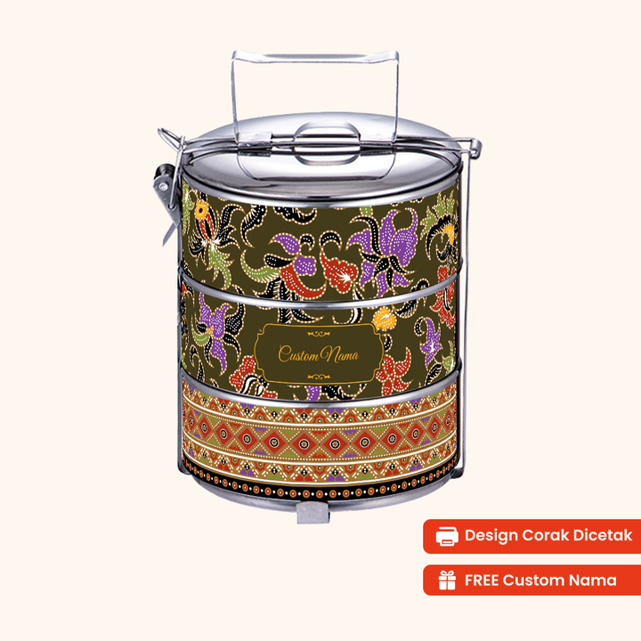 14cm 3-Tier Batik Songket Tiffin Carrier — Design Cetakan Terus (Not Sticker) + Custom Nama Percuma