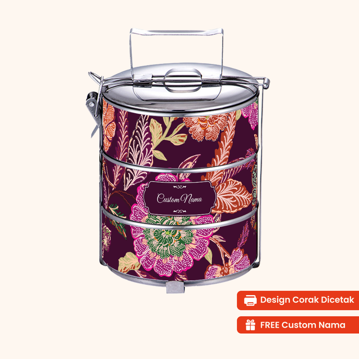 12cm 3-Tier Batik Sir Ungu Tiffin Carrier — Design Cetakan Terus (Not Sticker) + Custom Nama Percuma