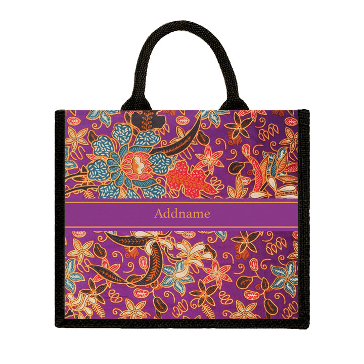 Teezbee.com - Sarong Purple Batik Jute Tote Bag (Black | Large)