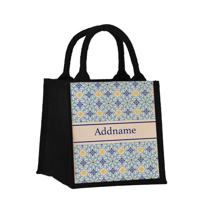 Teezbee.com - Moroccan Damask Blue Jute Tote Bag (Black | Small)