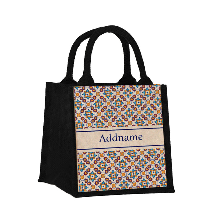 Teezbee.com - Moroccan Damask Orange Jute Tote Bag (Black | Small)