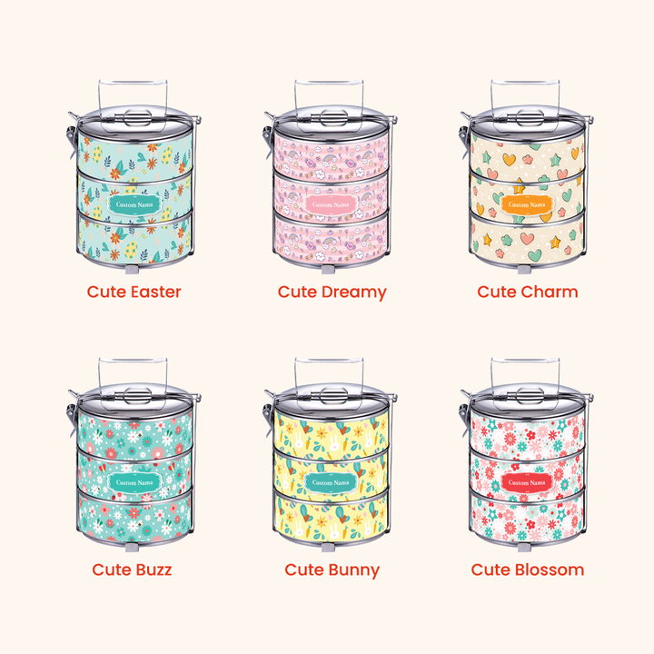 Corak Dicetak Terus (Not Sticker) — 12cm 3-Tier Cute 01 Tiffin Carrier + FREE Custom Nama for Mangkuk Tingkat