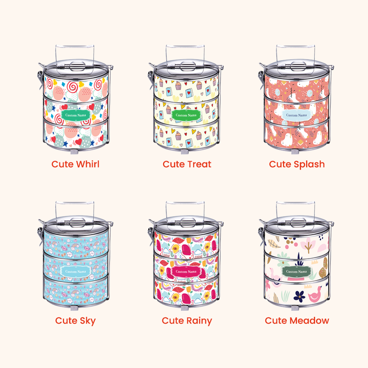Corak Dicetak Terus (Not Sticker) — 12cm 3-Tier Cute 01 Tiffin Carrier + FREE Custom Nama for Mangkuk Tingkat