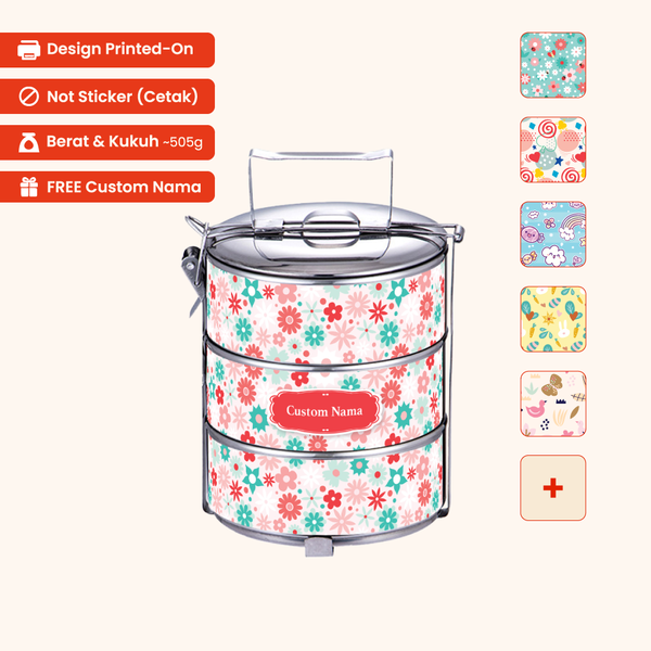 Corak Dicetak Terus (Not Sticker) — 12cm 3-Tier Cute 01 Tiffin Carrier + FREE Custom Nama for Mangkuk Tingkat