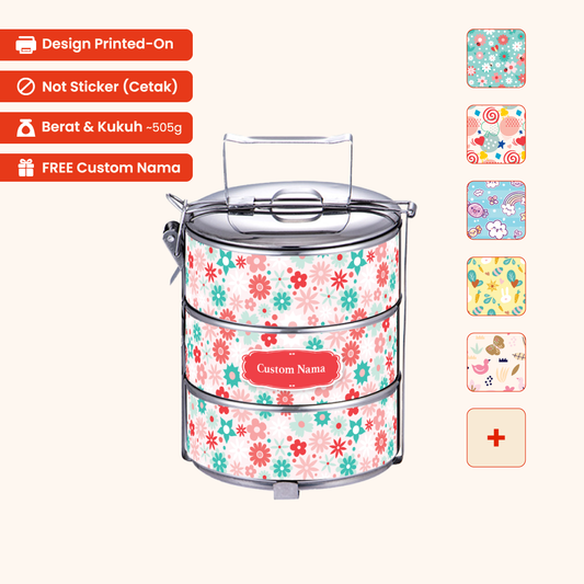 Corak Dicetak Terus (Not Sticker) — 12cm 3-Tier Cute 01 Tiffin Carrier + FREE Custom Nama for Mangkuk Tingkat