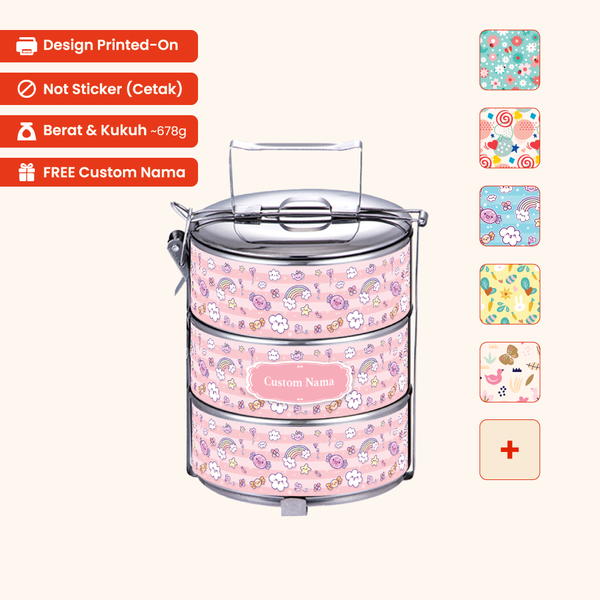 14cm 3-Tier Cute 01 Tiffin Carrier — Design Cetakan Terus (Not Sticker) + Custom Nama Percuma