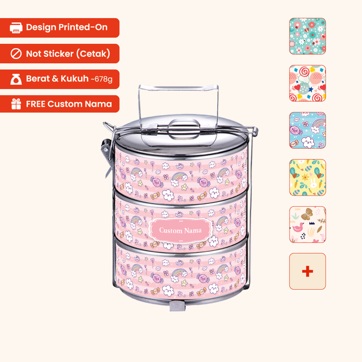 14cm 3-Tier Cute 01 Tiffin Carrier — Design Cetakan Terus (Not Sticker) + Custom Nama Percuma