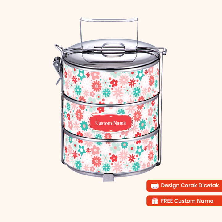 Corak Dicetak Terus (Not Sticker) — 12cm 3-Tier Cute Blossom Tiffin Carrier + FREE Custom Nama for Mangkuk Tingkat