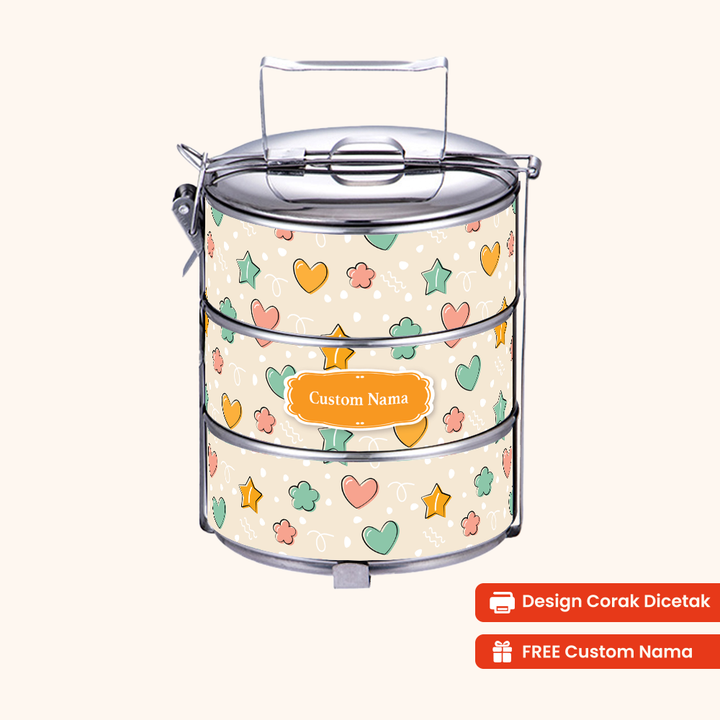 14cm 3-Tier Cute Charm Tiffin Carrier — Design Cetakan Terus (Not Sticker) + Custom Nama Percuma