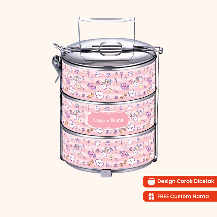 14cm 3-Tier Cute Dreamy Tiffin Carrier — Design Cetakan Terus (Not Sticker) + Custom Nama Percuma