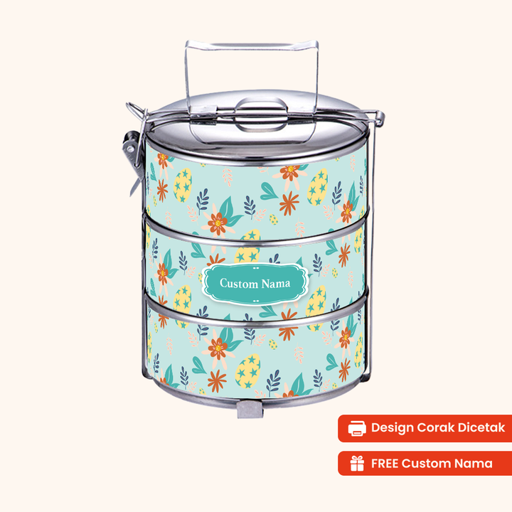 Corak Dicetak Terus (Not Sticker) — 12cm 3-Tier Cute Easter Tiffin Carrier + FREE Custom Nama for Mangkuk Tingkat