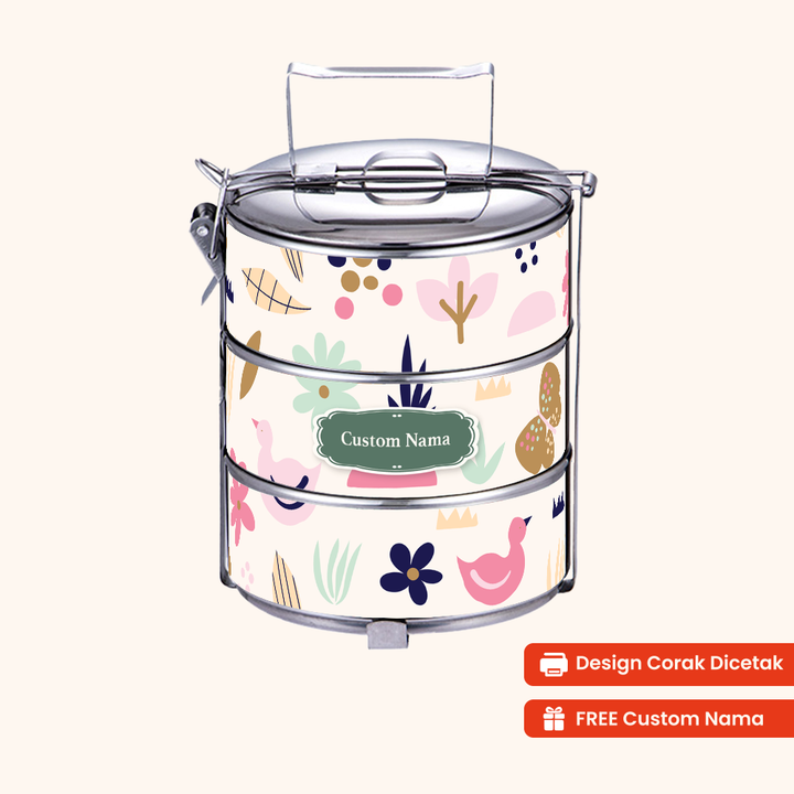 Corak Dicetak Terus (Not Sticker) — 12cm 3-Tier Cute Meadow Tiffin Carrier + FREE Custom Nama for Mangkuk Tingkat