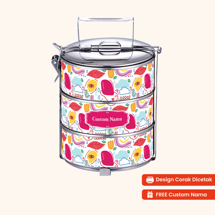 14cm 3-Tier Cute Rainy Tiffin Carrier — Design Cetakan Terus (Not Sticker) + Custom Nama Percuma