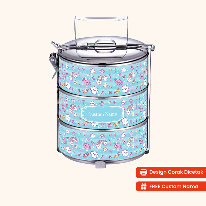 14cm 3-Tier Cute Sky Tiffin Carrier — Design Cetakan Terus (Not Sticker) + Custom Nama Percuma