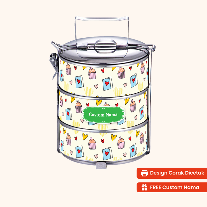14cm 3-Tier Cute Treat Tiffin Carrier — Design Cetakan Terus (Not Sticker) + Custom Nama Percuma