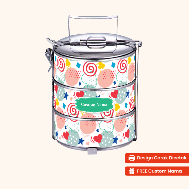 14cm 3-Tier Cute Whirl Tiffin Carrier — Design Cetakan Terus (Not Sticker) + Custom Nama Percuma