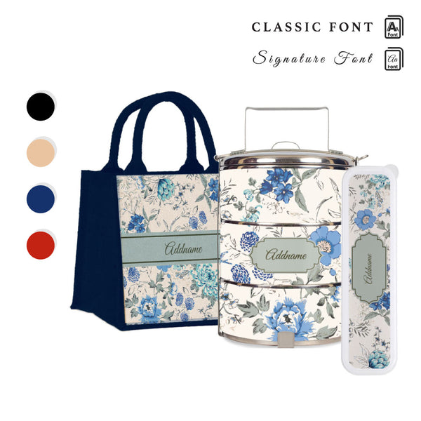 Flora Carolina Tiffin Carrier, Jute Tote Bag  & Cutlery Set [FREE Custom Add Name]