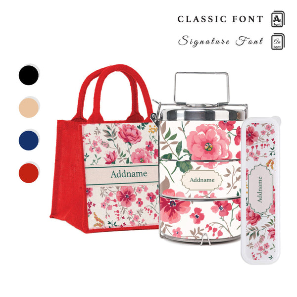 Flora Cerise Tiffin Carrier, Jute Tote Bag  & Cutlery Set [FREE Custom Add Name]