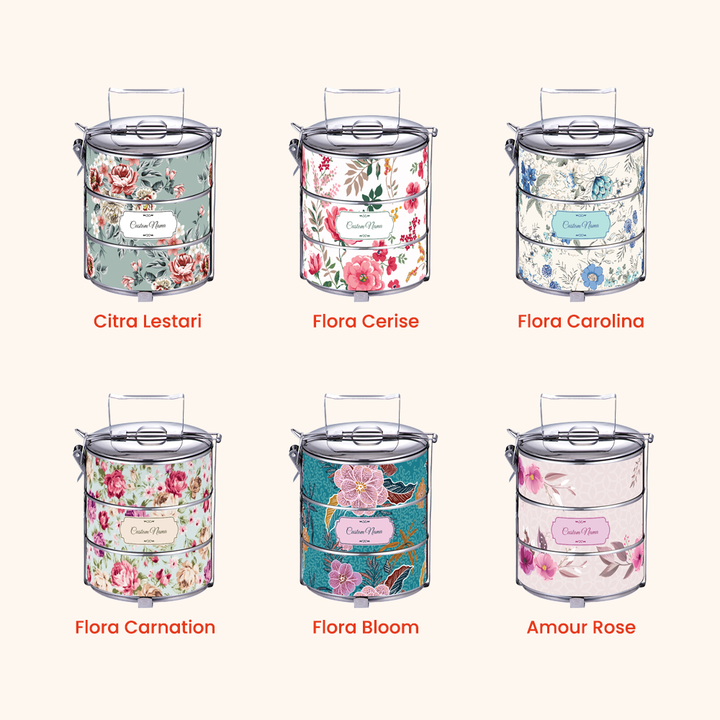 14cm 3-Tier Flora 01 Tiffin Carrier — Design Cetakan Terus (Not Sticker) + Custom Nama Percuma