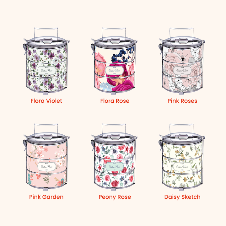 14cm 3-Tier Flora 01 Tiffin Carrier — Design Cetakan Terus (Not Sticker) + Custom Nama Percuma