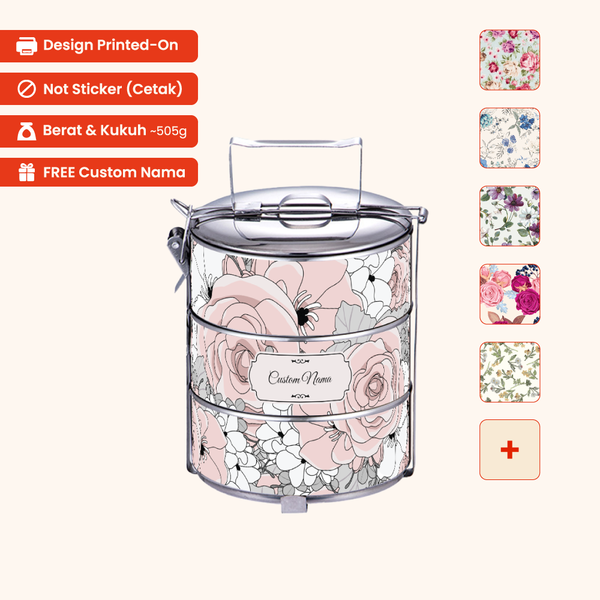 Corak Dicetak Terus (Not Sticker) — 12cm 3-Tier Floral 01 Tiffin Carrier + FREE Custom Nama for Mangkuk Tingkat