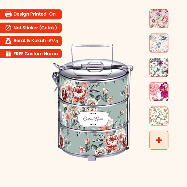 14cm 3-Tier Flora 01 Tiffin Carrier — Design Cetakan Terus (Not Sticker) + Custom Nama Percuma