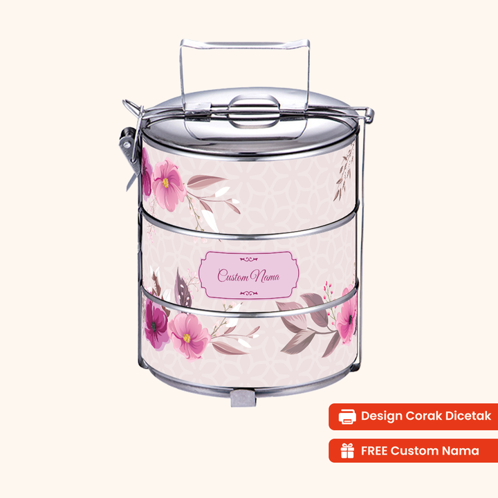 14cm 3-Tier Flora Amour Rose Tiffin Carrier — Design Cetakan Terus (Not Sticker) + Custom Nama Percuma