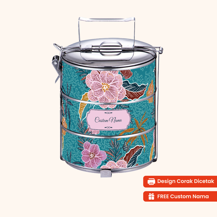 Corak Dicetak Terus (Not Sticker) — 12cm 3-Tier Floral Bloom Tiffin Carrier + FREE Custom Nama for Mangkuk Tingkat