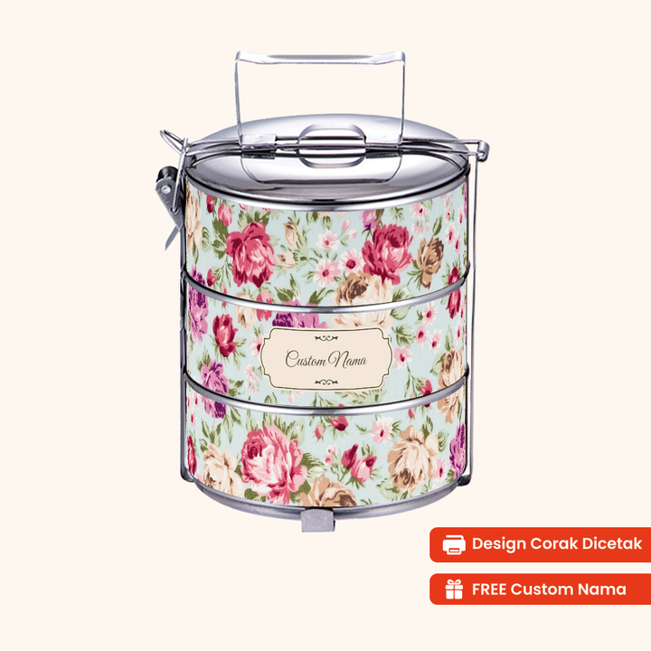 Corak Dicetak Terus (Not Sticker) — 12cm 3-Tier Floral Carnation Tiffin Carrier + FREE Custom Nama for Mangkuk Tingkat