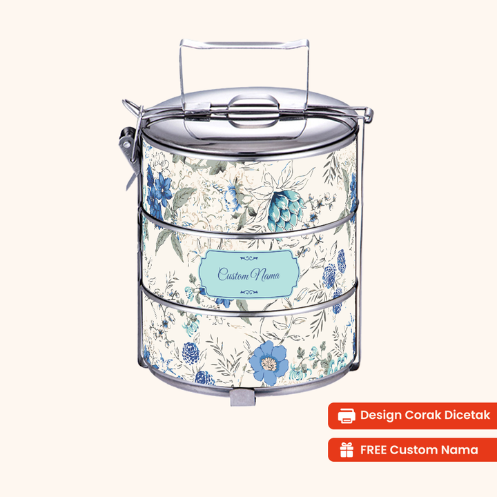 Corak Dicetak Terus (Not Sticker) — 12cm 3-Tier Floral Carolina Tiffin Carrier + FREE Custom Nama for Mangkuk Tingkat