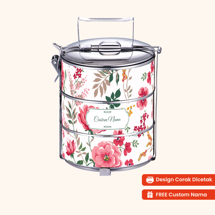 14cm 3-Tier Flora Cerise Tiffin Carrier — Design Cetakan Terus (Not Sticker) + Custom Nama Percuma