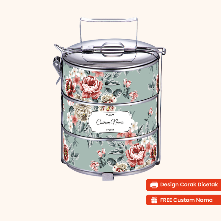 Corak Dicetak Terus (Not Sticker) — 12cm 3-Tier Floral Citra Lestari Tiffin Carrier + FREE Custom Nama for Mangkuk Tingkat