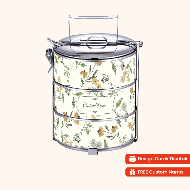 Corak Dicetak Terus (Not Sticker) — 12cm 3-Tier Floral Daisy Sketch Tiffin Carrier + FREE Custom Nama for Mangkuk Tingkat