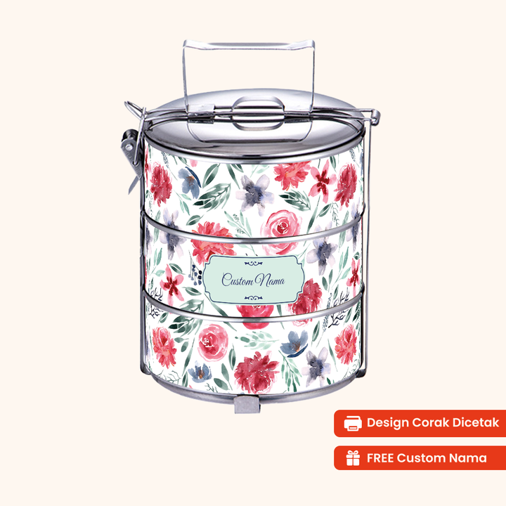 14cm 3-Tier Flora Peony Rose Tiffin Carrier — Design Cetakan Terus (Not Sticker) + Custom Nama Percuma