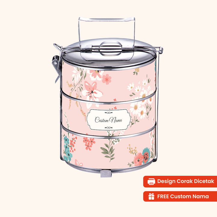 Corak Dicetak Terus (Not Sticker) — 12cm 3-Tier Floral Pink Garden Tiffin Carrier + FREE Custom Nama for Mangkuk Tingkat