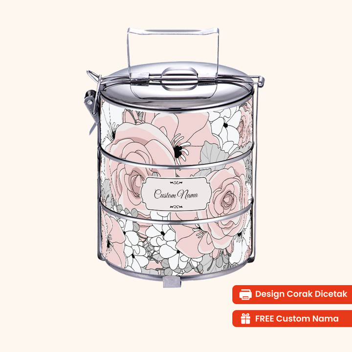 Corak Dicetak Terus (Not Sticker) — 12cm 3-Tier Floral Pink Roses Tiffin Carrier + FREE Custom Nama for Mangkuk Tingkat
