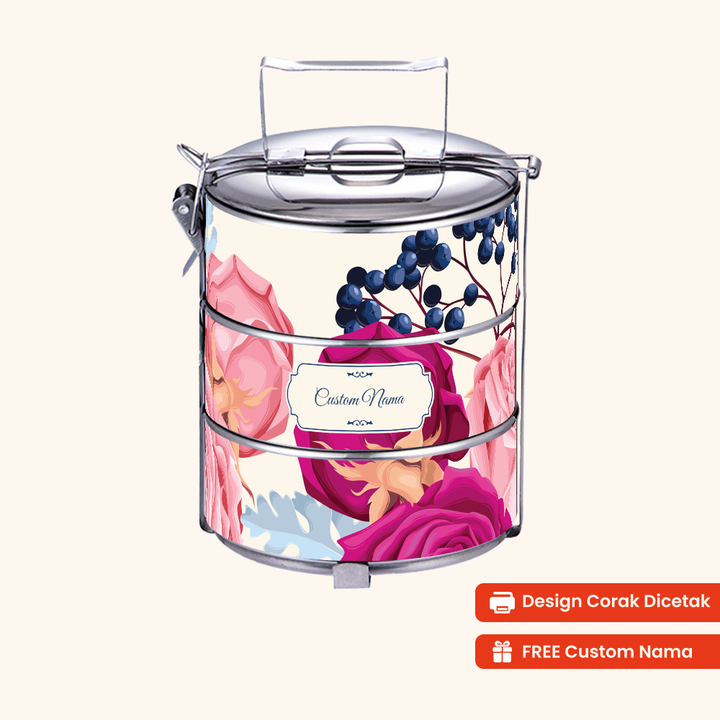14cm 3-Tier Flora Rose Tiffin Carrier — Design Cetakan Terus (Not Sticker) + Custom Nama Percuma