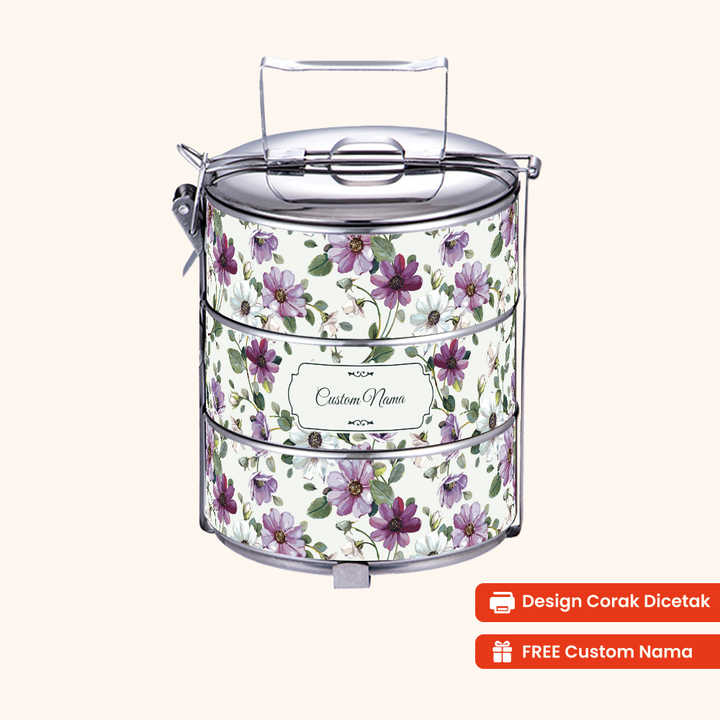 14cm 3-Tier Flora Violet Tiffin Carrier — Design Cetakan Terus (Not Sticker) + Custom Nama Percuma
