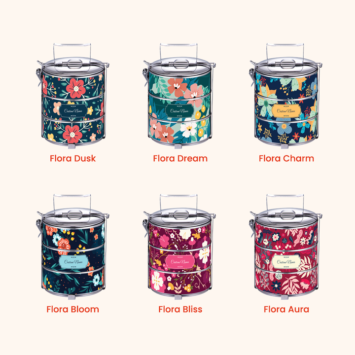 Corak Dicetak Terus (Not Sticker) — 12cm 3-Tier Floral 02 Tiffin Carrier + FREE Custom Nama for Mangkuk Tingkat
