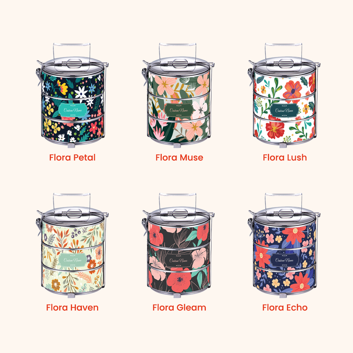 Corak Dicetak Terus (Not Sticker) — 12cm 3-Tier Floral 02 Tiffin Carrier + FREE Custom Nama for Mangkuk Tingkat