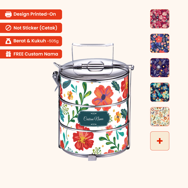 Corak Dicetak Terus (Not Sticker) — 12cm 3-Tier Floral 02 Tiffin Carrier + FREE Custom Nama for Mangkuk Tingkat