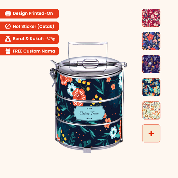 14cm 3-Tier Flora 02 Tiffin Carrier — Design Cetakan Terus (Not Sticker) + Custom Nama Percuma