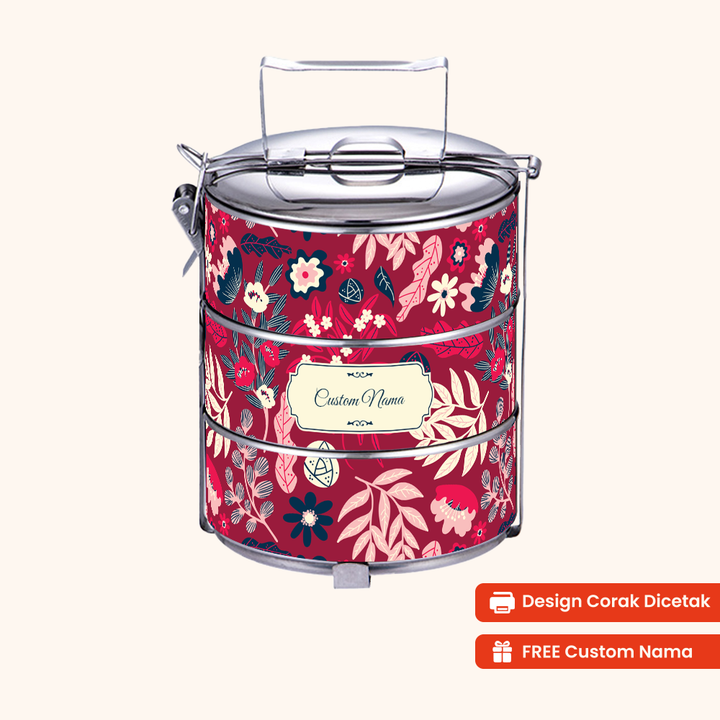 14cm 3-Tier Flora Aura Tiffin Carrier — Design Cetakan Terus (Not Sticker) + Custom Nama Percuma