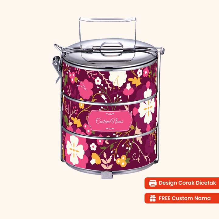 14cm 3-Tier Flora Bliss Tiffin Carrier — Design Cetakan Terus (Not Sticker) + Custom Nama Percuma