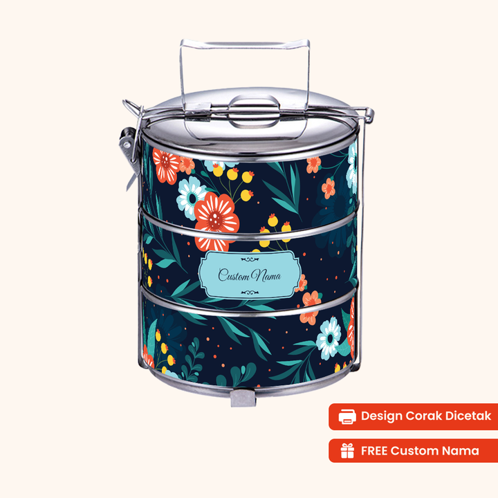 Corak Dicetak Terus (Not Sticker) — 12cm 3-Tier Floral Bloom Tiffin Carrier + FREE Custom Nama for Mangkuk Tingkat