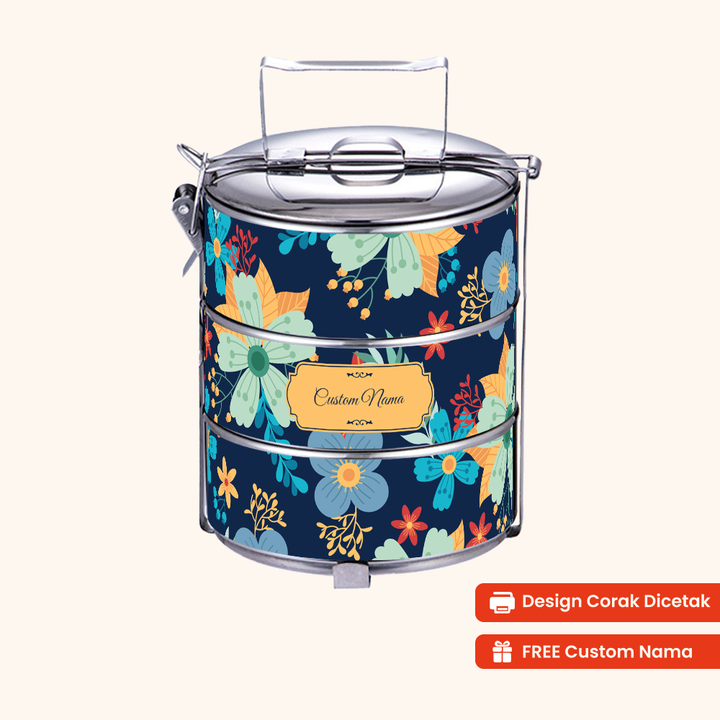 Corak Dicetak Terus (Not Sticker) — 12cm 3-Tier Floral Charm Tiffin Carrier + FREE Custom Nama for Mangkuk Tingkat