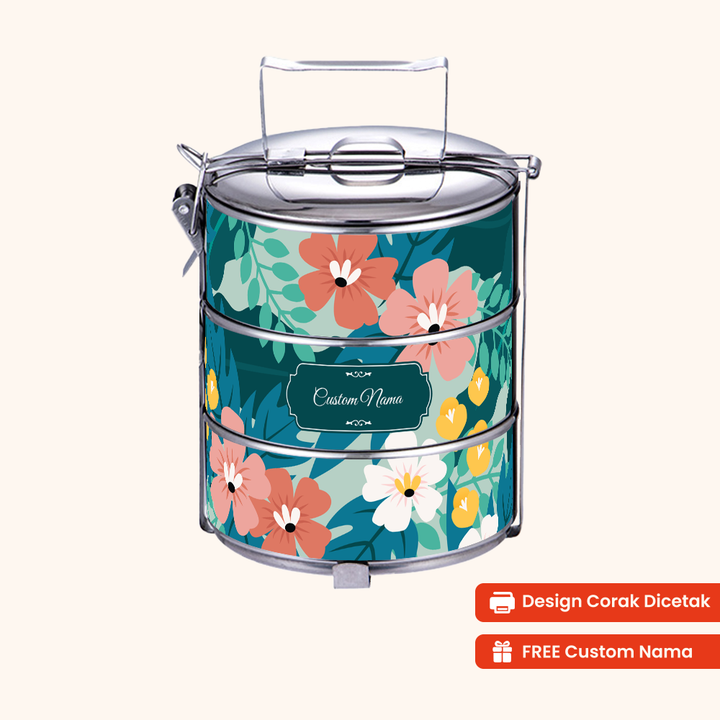 14cm 3-Tier Flora Dream Tiffin Carrier — Design Cetakan Terus (Not Sticker) + Custom Nama Percuma